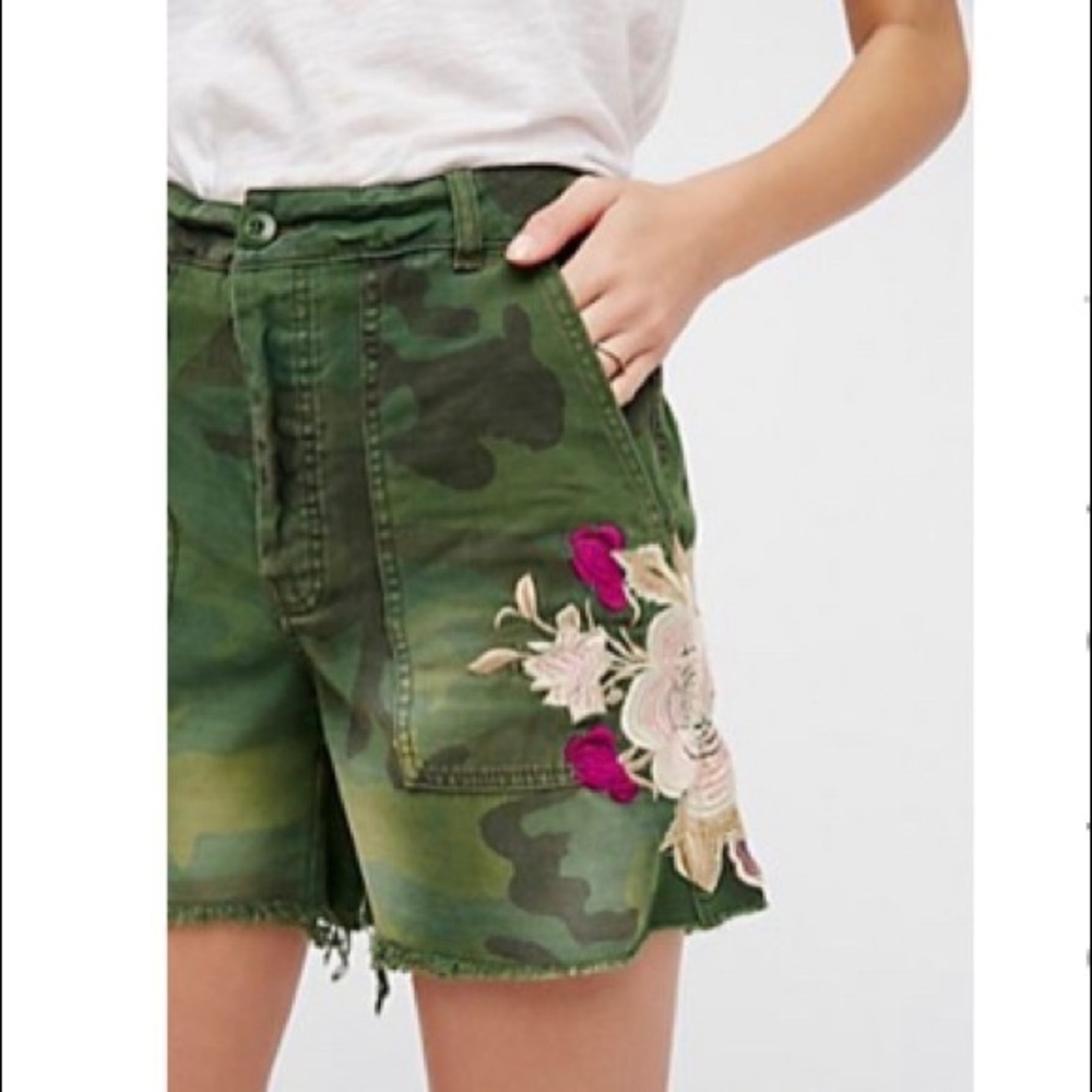 Free People “Scout” Embroidered Camo Shorts